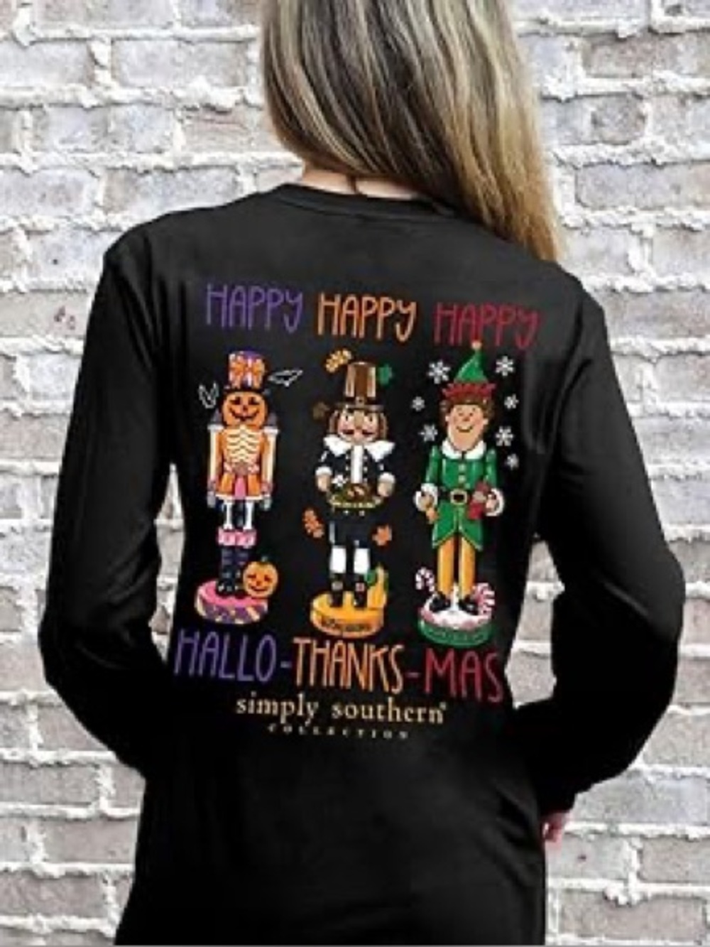 Simply Southern Happy Hallo-Thanks-Mas Long Sleeve Nutcracker Tee Women S Black - Picture 2 of 8